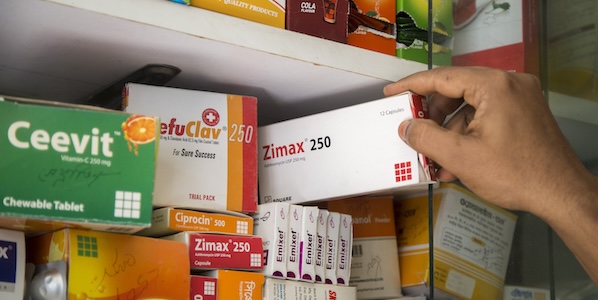 Medicines in pharmacy shelves