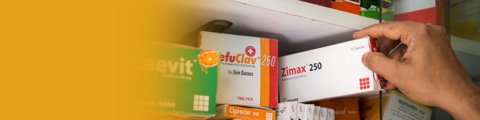 Medicines on pharmacy shelves